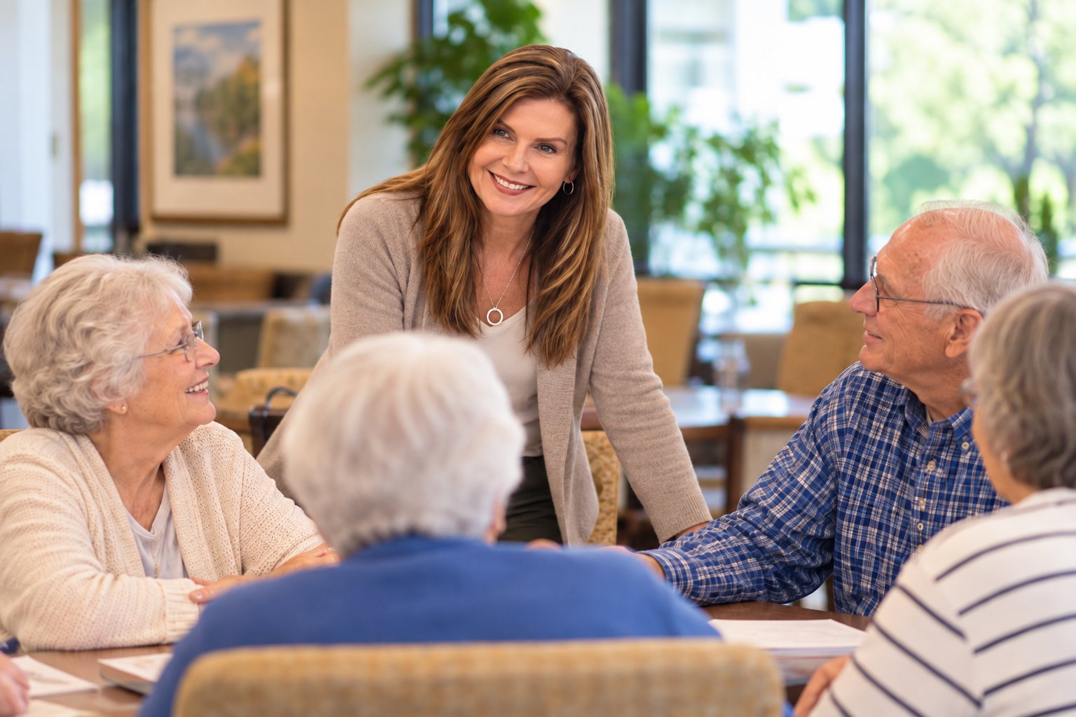 Laura Giardina talking with residents in a senior living community